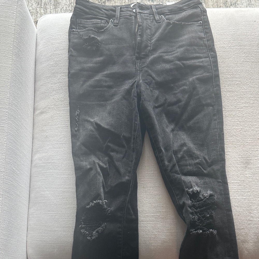 Good American Black Distressed Straight Leg Jeans- size 27